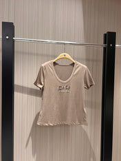 CC Hand-beaded Coco letter U-neck T-shirt Cotton