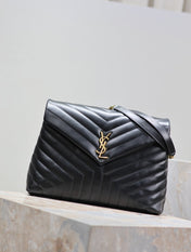 LOULOU LARGE 36 IN BLACK QUILTED CALFSKIN GOLD HARDWARE