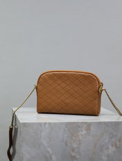 GABY ZIPPED POUCH 19 IN CARAMEL BROWN QUILTED LAMBSKIN GOLD HARDWARE