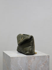 YSL 25S LOULOU PUFFER MINI 23 IN DARK OLIVE CALFSKIN GOLD HARDWRE