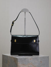 MANHATTAN SMALL 24 IN BLACK CROCODILE PATTERN GLOSSY CALFSKIN GOLD BUCKLE