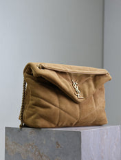 YSL 25S LOULOU PUFFER GM 35 IN TAN BROWN SUEDE GOLD HARDWRE