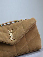 YSL 25S LOULOU PUFFER MINI 23 IN TAN BROWN SUEDE GOLD HARDWARE
