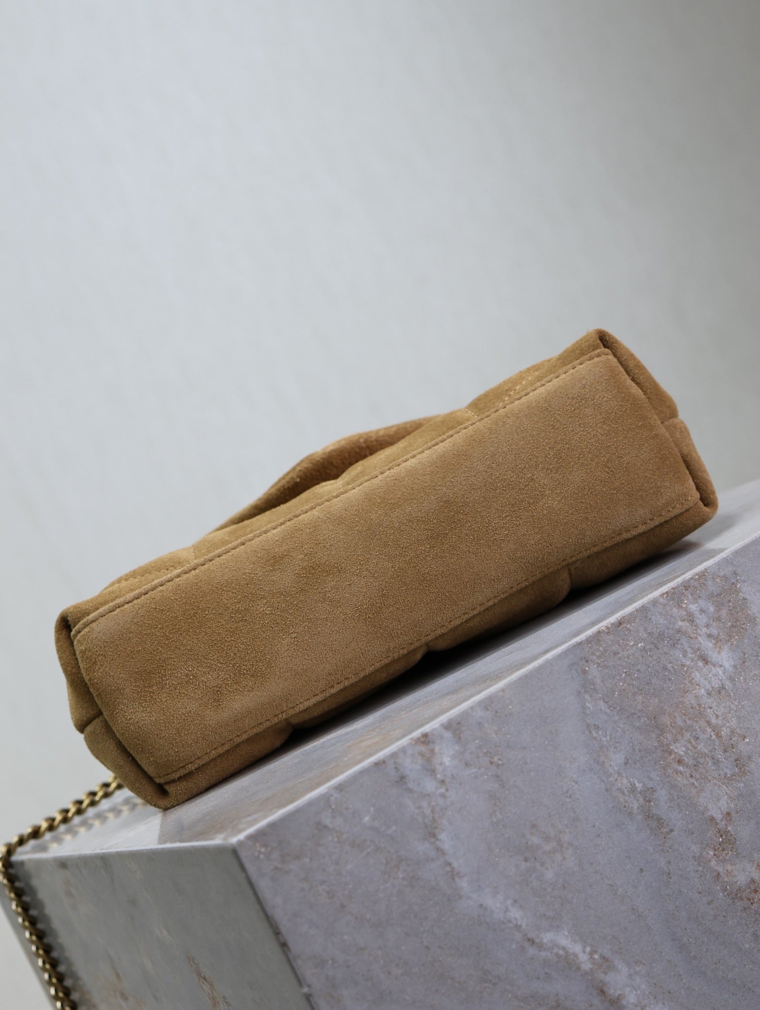 YSL 25S LOULOU PUFFER MINI 23 IN TAN BROWN SUEDE GOLD HARDWRE