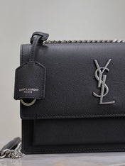 YSL 25S SUNSET MEDIUM 22 IN BLACK GRAINED CALFSKIN SILVER HARDWRE