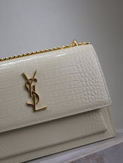 YSL 25S SUNSET MEDIUM 22 IN IVORY CROCODILE-EMBOSSED SHINY CALFSKIN GOLD HARDWARE