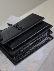 YSL 25S SUNSET MEDIUM 22 IN BLACK CROCODILE-EMBOSSED SHINY CALFSKIN BLACK HARDWRE