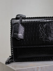 YSL 25S SUNSET MEDIUM 22 IN BLACK CROCODILE-EMBOSSED SHINY CALFSKIN BLACK HARDWRE