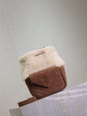 JOE MINI BUCKET BAG 19 IN WHITE SHEARLING AND BROWN SUEDE