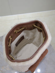 JOE MINI BUCKET BAG 19 IN WHITE SHEARLING AND BROWN SUEDE
