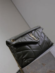 YSL 25S LOULOU PUFFER GM 35 IN DARK OLIVE CALFSKIN GOLD HARDWRE