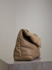 YSL 25S LOULOU PUFFER MM 29 IN BROWN CALFSKIN GOLD HARDWARE
