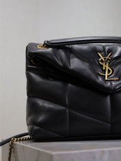 YSL 25S LOULOU PUFFER MM 29 IN BLACK CALFSKIN GOLD HARDWARE