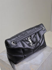 YSL 25S LOULOU PUFFER MM 29 IN BLACK CALFSKIN SILVER HARDWRE