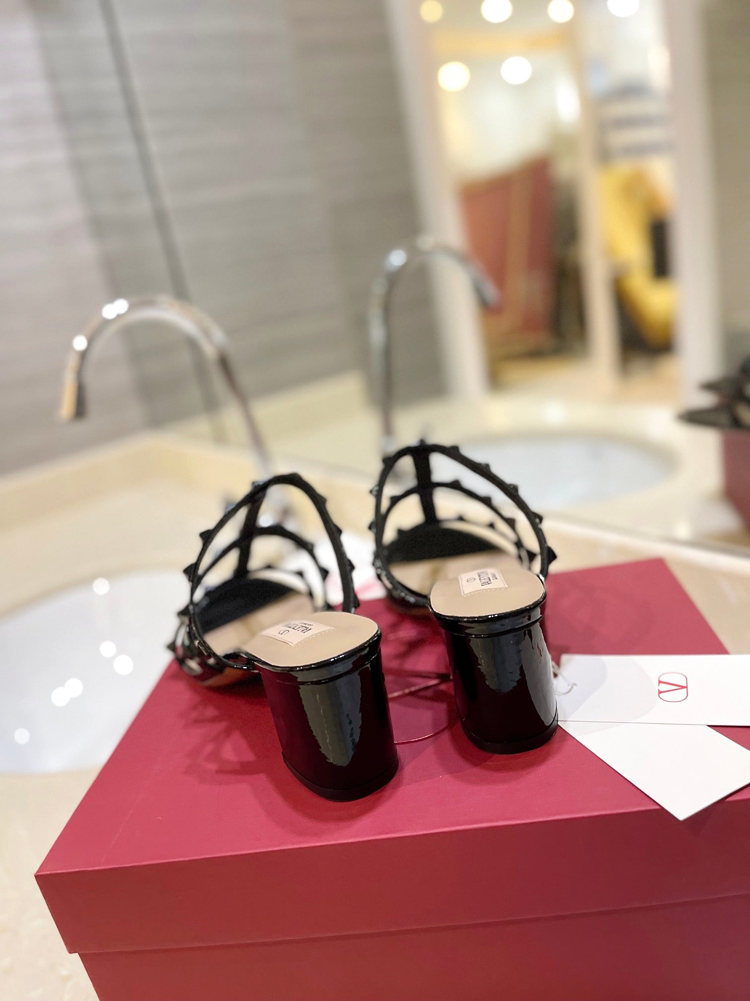 VALENTINO 26S ROCKSTUD CAGED HEELED SANDALS 60 MM IN BLACK PATENT CALFSKIN