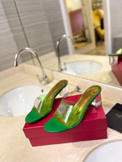 HIGH MULE 60MM IN SHAMROCK GREEN SHEEPSKIN AND TRANSPARENT PVC