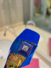 VALENTINO 26S FLAT SLIDES IN BLUE MIX GOLD LAMBSKIN WITH CRYSTAL