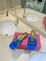 VALENTINO 26S FLAT SLIDES IN BLUE MIX GOLD LAMBSKIN WITH CRYSTAL