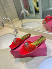 VALENTINO 26S FLAT SLIDES IN RED MIX GOLD LAMBSKIN WITH CRYSTAL