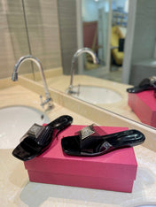 VALENTINO 26S FLAT SLIDES IN BLACK LAMBSKIN WITH CRYSTAL STYLE 1