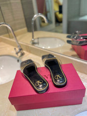 VALENTINO 26S FLAT SLIDES IN BLACK LAMBSKIN WITH CRYSTAL