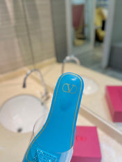 VALENTINO 26S FLAT SLIDES IN LIGHT BLUE LAMBSKIN WITH CRYSTAL