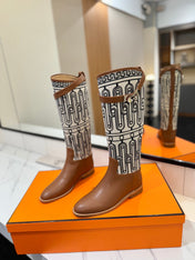 JUMPING BOOT 2 CM IN BRONZE BROWN CALFSKIN AND BLACK MIX WHITE FABRIC