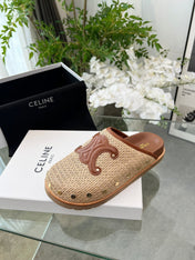 CELINE 26S TRIOMPHE MULES IN BEIGE RAFFIA AND BROWN CALFSKIN
