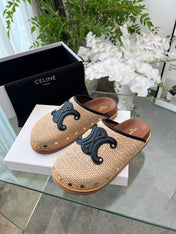 CELINE 26S TRIOMPHE MULES IN BEIGE RAFFIA AND BLACK CALFSKIN