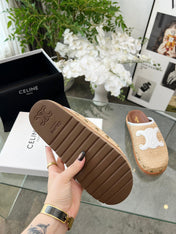 CELINE 26S TRIOMPHE MULES IN BEIGE RAFFIA AND WHITE CALFSKIN