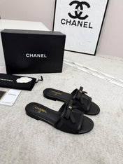 CHANEL 26S SLIDE SANDALS IN BLACK MESH AND CALFSKIN WITH RIBBON