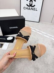 CHANEL 26S SLIDE SANDALS IN BEIGE MESH AND CALFSKIN WITH BLACK RIBBON