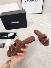 CHANEL 26S DOUBLE STRAP SLIDE SANDALS IN BROWN SUEDE AND CALFSKIN