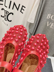 ALAIA PEARL MARY JANE SHOES IN CHERRY RED MESH AND CALFSKIN