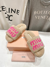 MIUMIU 26S SANDALS IN LIGHT BEIGE SHEARLING WITH LOGO LETTERING