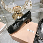 MARY JANE SANDAL CAP TOE BLACK SHEEPSKIN - MID HEEL