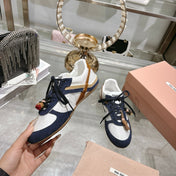 MIUMIU 26S LACE UP SNEAKERS IN NAVY BLUE SUEDE WHITE FABRIC CHARM DETAIL
