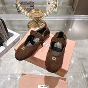 MIUMIU 26S MARY JANE FLATS IN DARK BROWN SUEDE ELASTIC STRAP