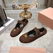 MIUMIU 26S MARY JANE FLATS IN DARK BROWN SUEDE ELASTIC STRAP