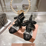 MIUMIU 26S SLINGBACK BALLET FLATS IN BLACK CALFSKIN AND BEIGE CANVAS RIBBON