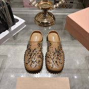 MIUMIU 26S CRYSTAL-EMBROIDERED MULES IN LIGHT BROWN CALFSKIN
