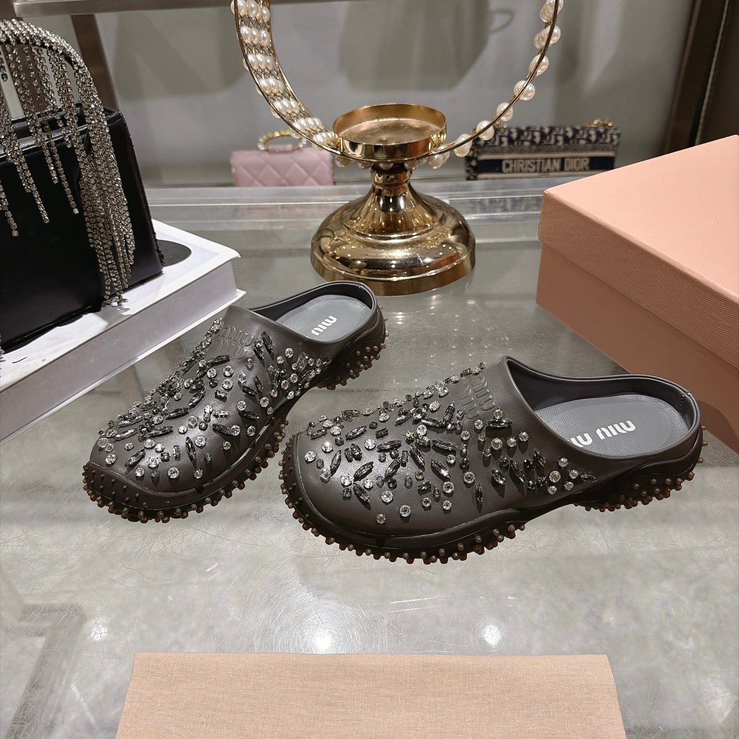 MIUMIU 26S CRYSTAL-EMBROIDERED MULES IN DARK BROWNISH GREY CALFSKIN