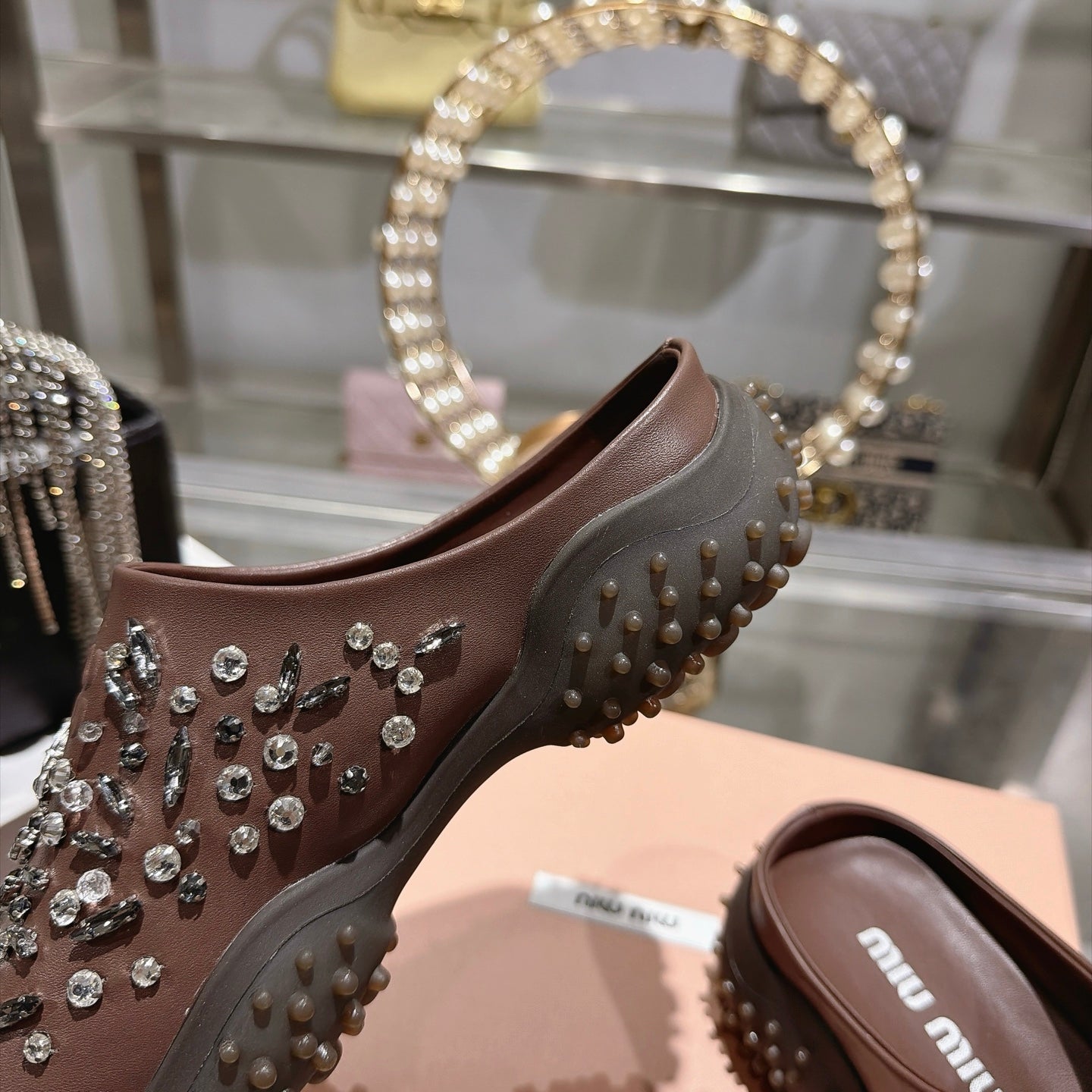 MIUMIU 26S CRYSTAL-EMBROIDERED MULES IN DARK BROWN CALFSKIN