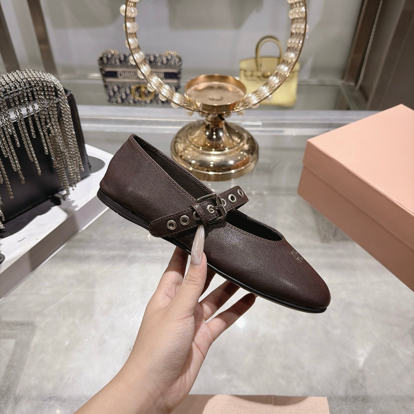 MIUMIU 26S MARY JANE FLATS IN DARK BROWN LAMBSKIN