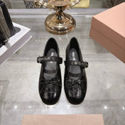 MIUMIU 26S MARY JANE FLATS IN BLACK CROC-EMBOSSED LEATHER