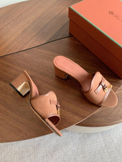 LP 26S SUMMER MULE HEELS 60MM IN DUSTY ROSE BROWN CANVAS AND CALFSKIN GOLD HARDWARE