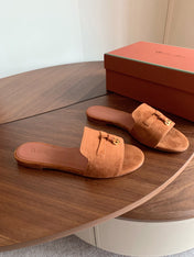 LP 26S SUMMER CHARMS SLIDES IN CARAMEL BROWN SUEDE GOLD HARDWARE