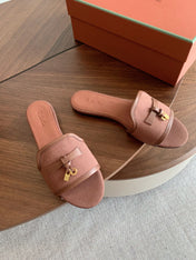 LP 26S SUMMER CHARMS SLIDES IN DUSTY ROSE BROWN CANVAS AND CALFSKIN GOLD HARDWARE