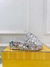 FENDI THICK SOLE 6 CM SEQUIN SLIPPER SILVER