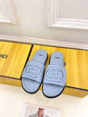 FENDI LOGO SLIDES IN BLUE POWDER CALFSKIN